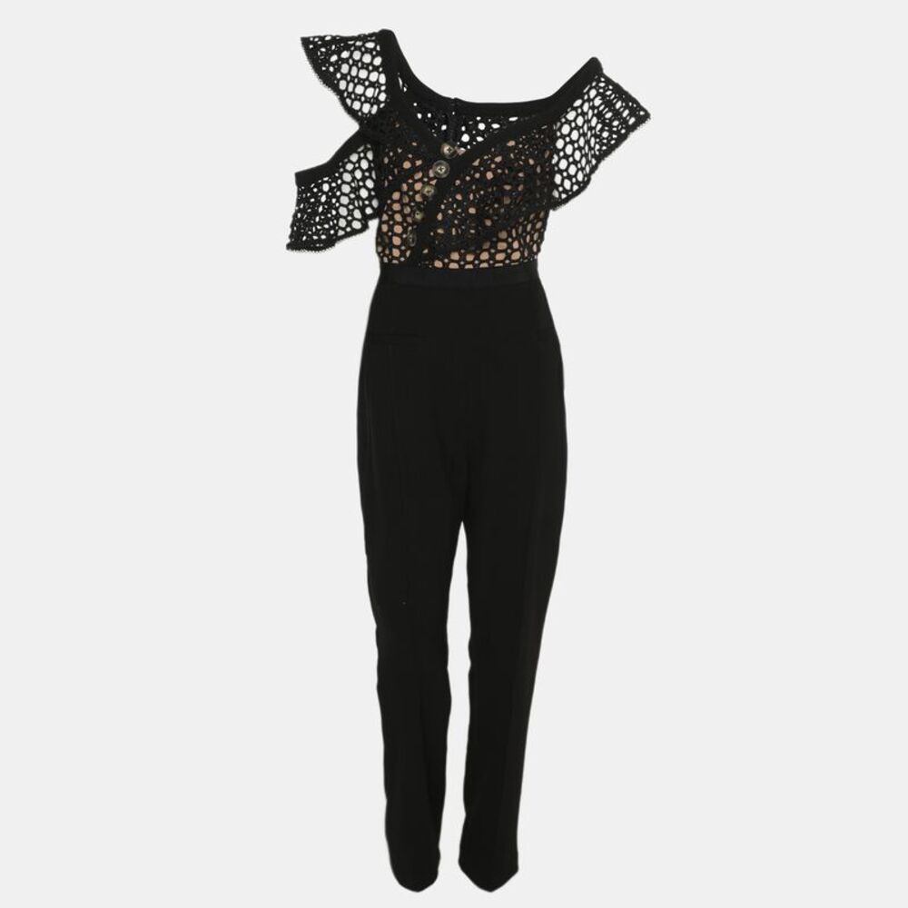 Self-Portrait Black Crepe And Lace Frill Asymmetric Jumpsuit L